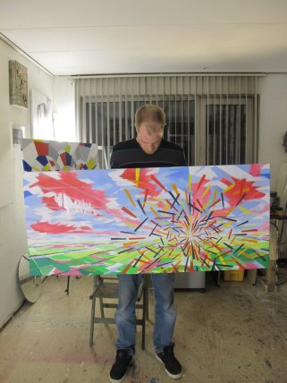 Me holding the finished Oil-painting 'Quantum Phenomenon', 2013