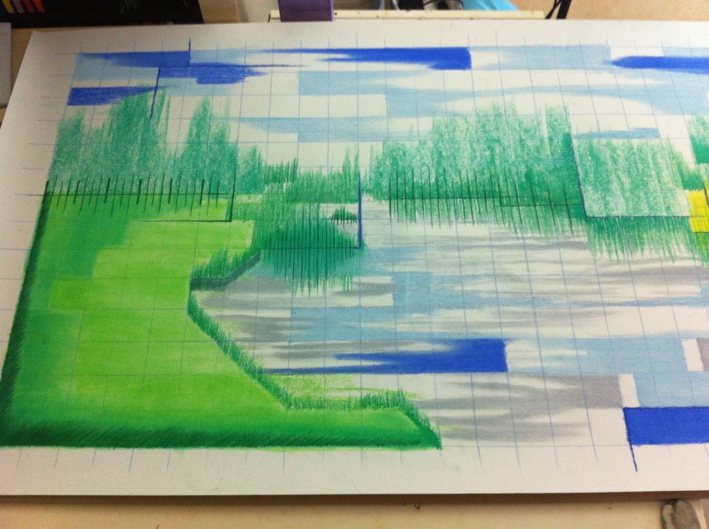 Process picture of pencil/crayon drawing "TunnelVisions/FragmentedNature", 2015