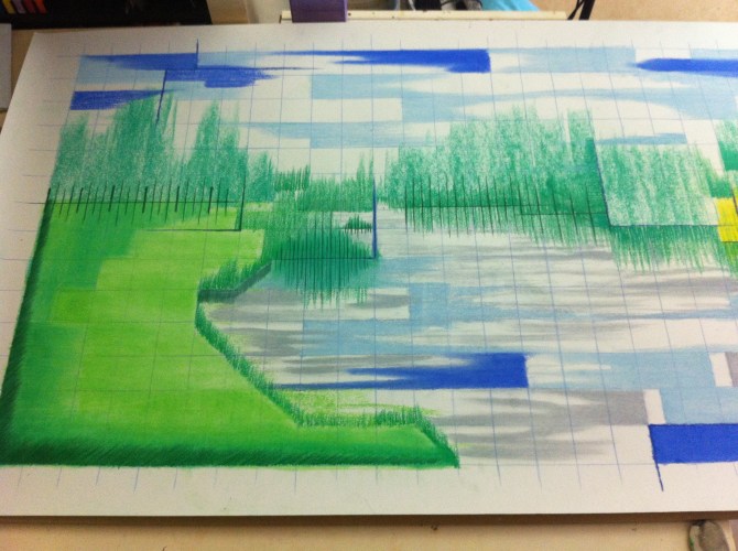 Process picture of pencil/crayon drawing "TunnelVisions/FragmentedNature", 2015