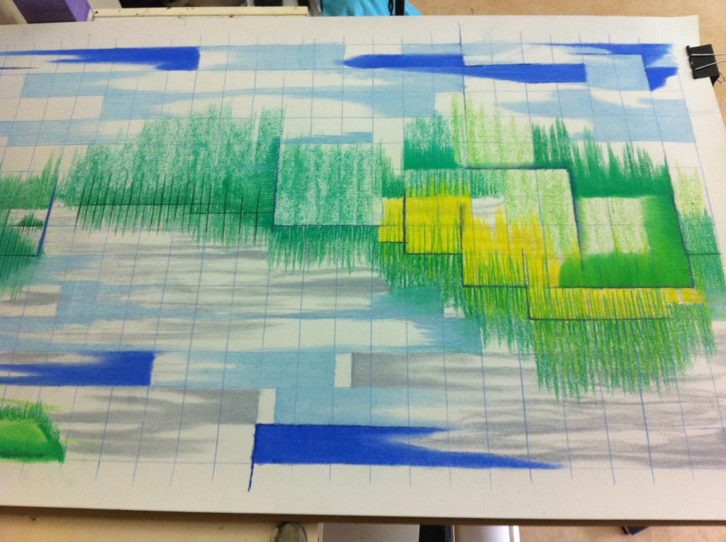 Process picture of pencil/crayon drawing "TunnelVisions/FragmentedNature", 2015