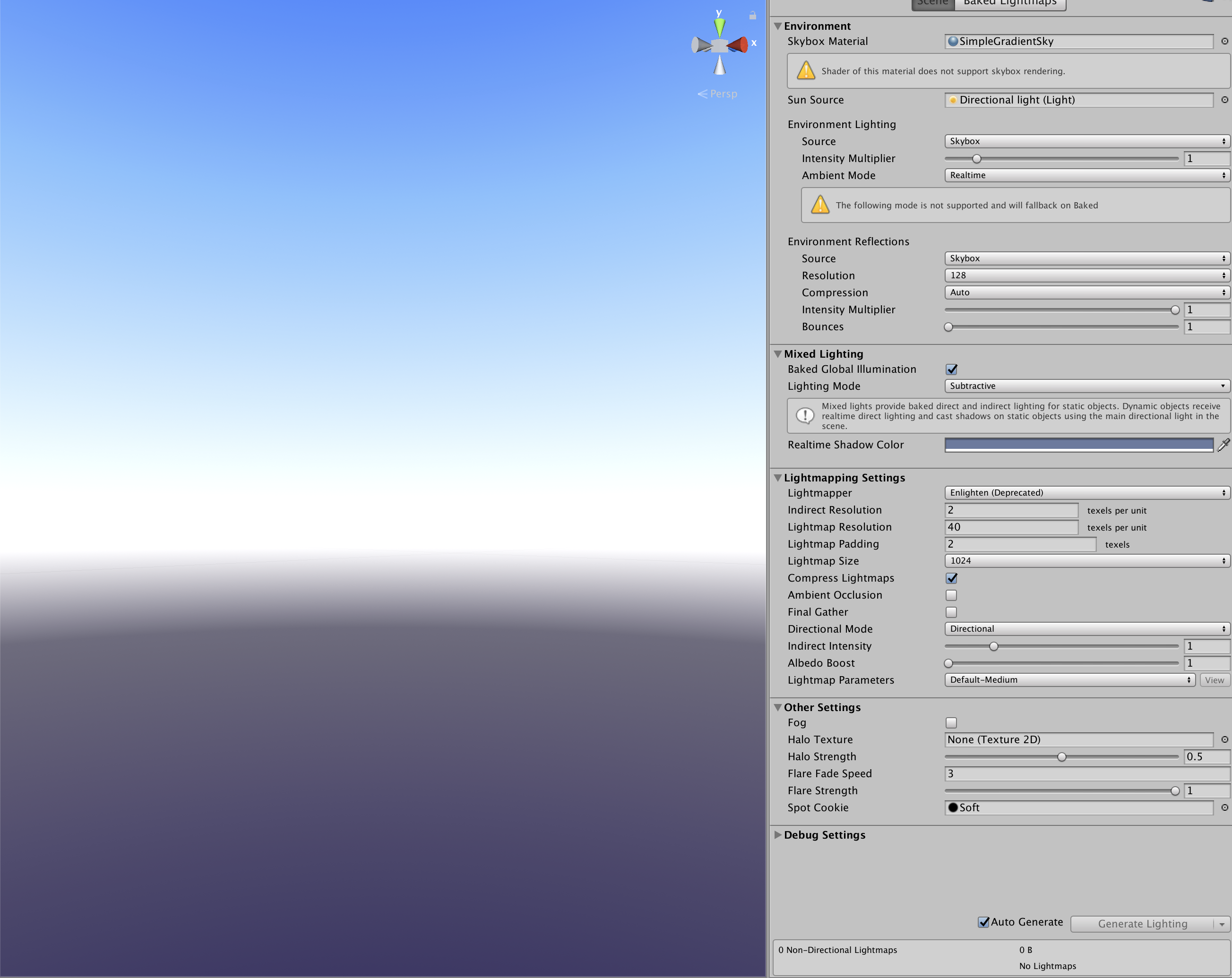 Image displaying the shader graph skybox material added to the scene's lighting settings.