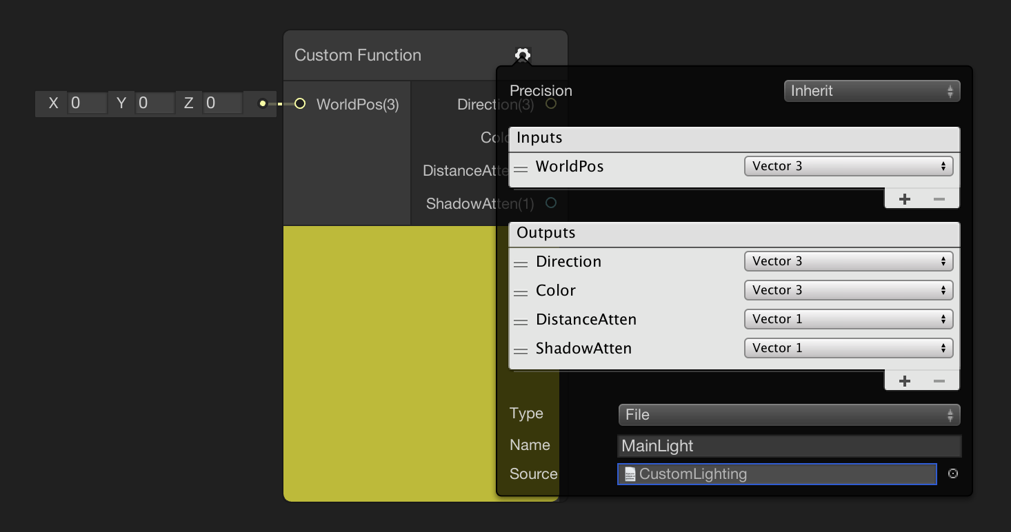 Image of a shader graph custom function node with with the CustomLighting.hlsl file added to the Source slot.