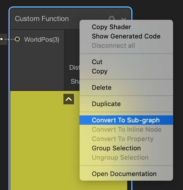 Image displaying the right click menu pointed at the Convert To Sub-graph option of the Custom Function node.