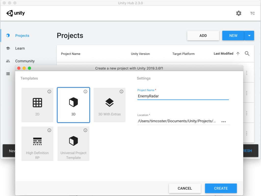 Example image showing the new project creation window of Unity3D.