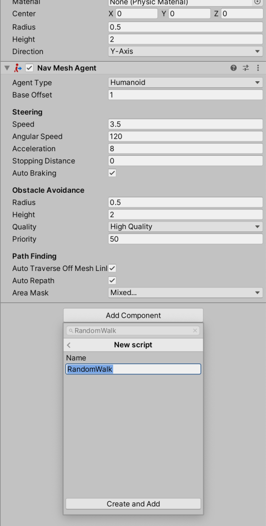 Image showing the random walk script name typed into the add component menu.