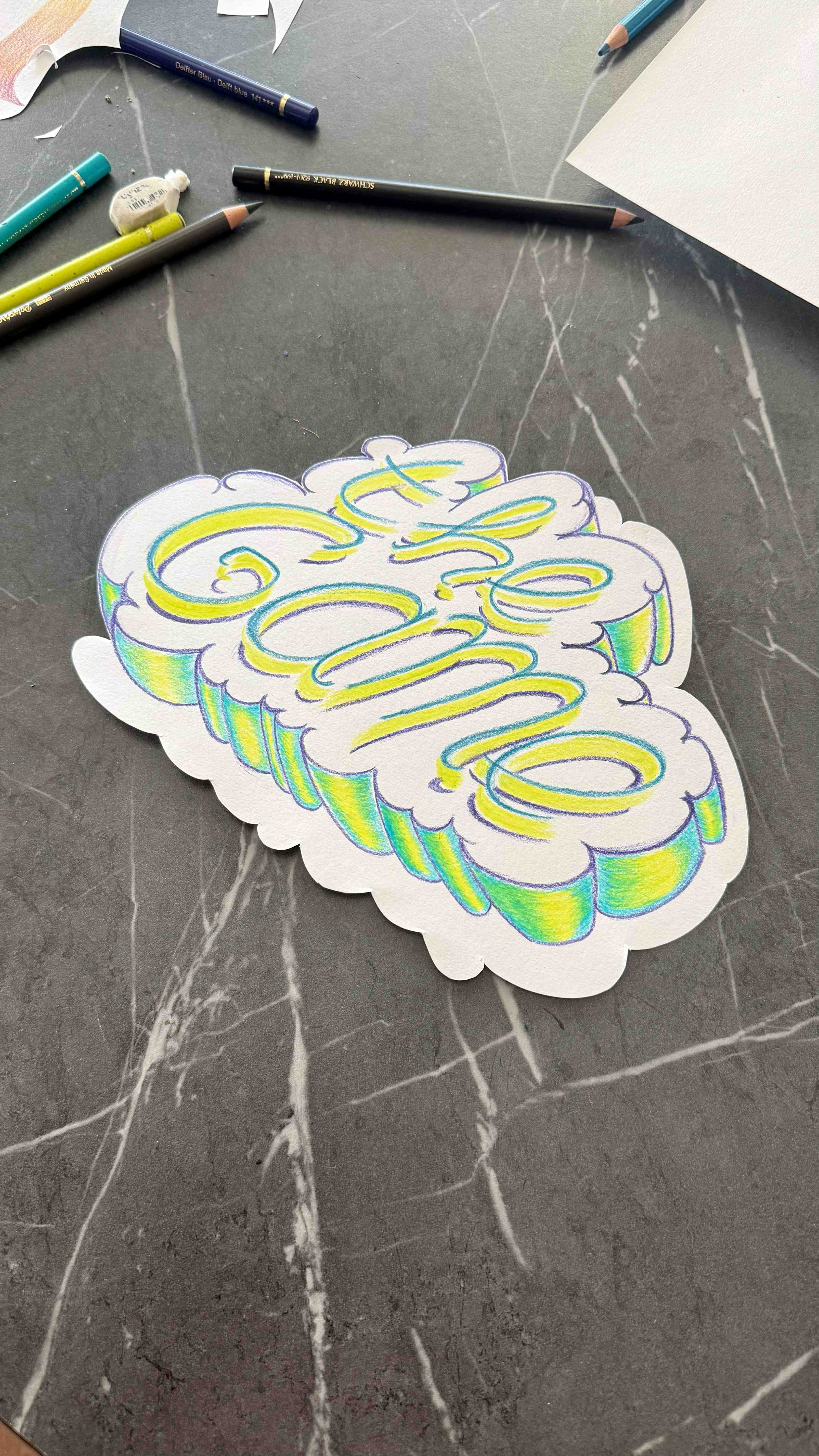Pencil drawing with the text 'The Game' drawn in the style of a 90's embossed sticker. r.