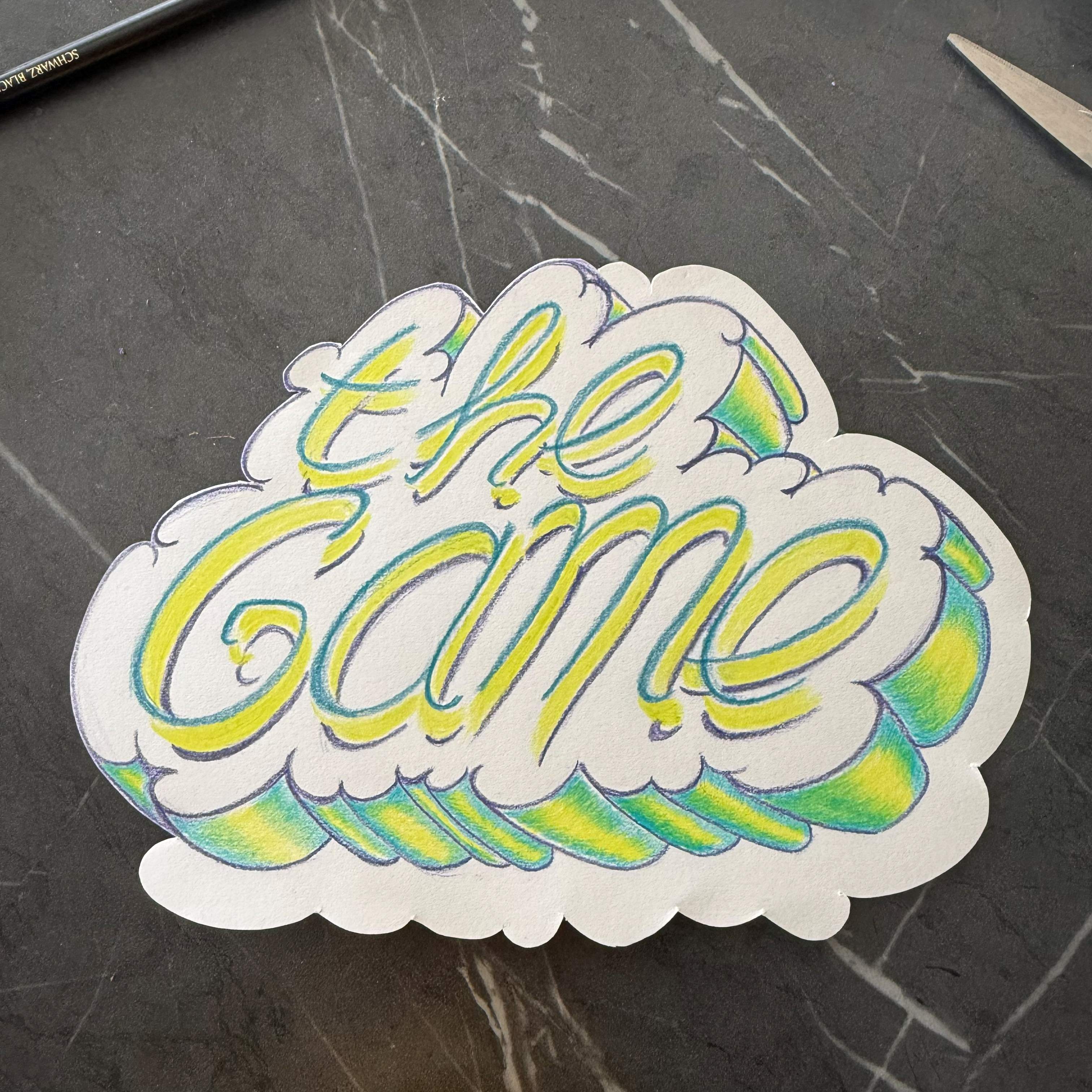 Pencil drawing with the text 'The Game' drawn in the style of a 90's embossed sticker.